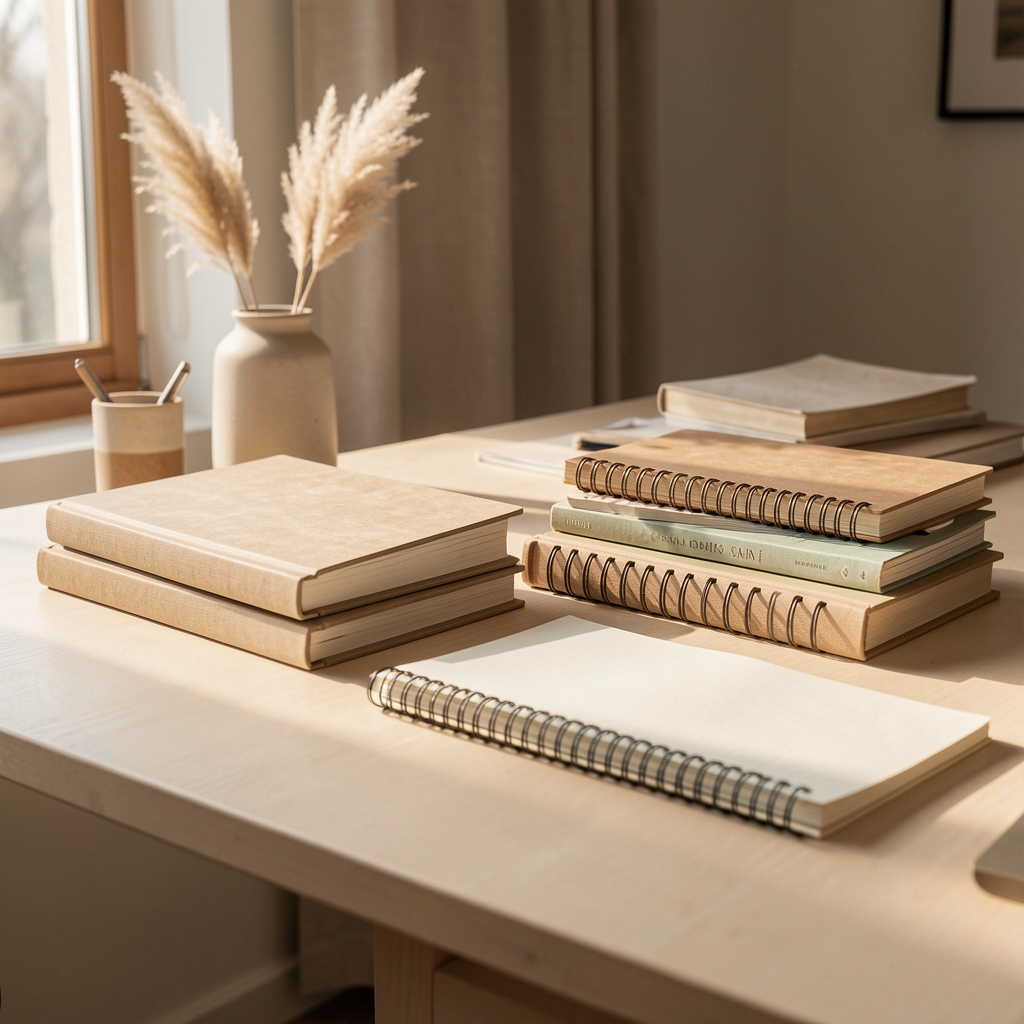 Editorial workspace with natural materials, stacked notebooks, and morning light streaming across a pale desk surface