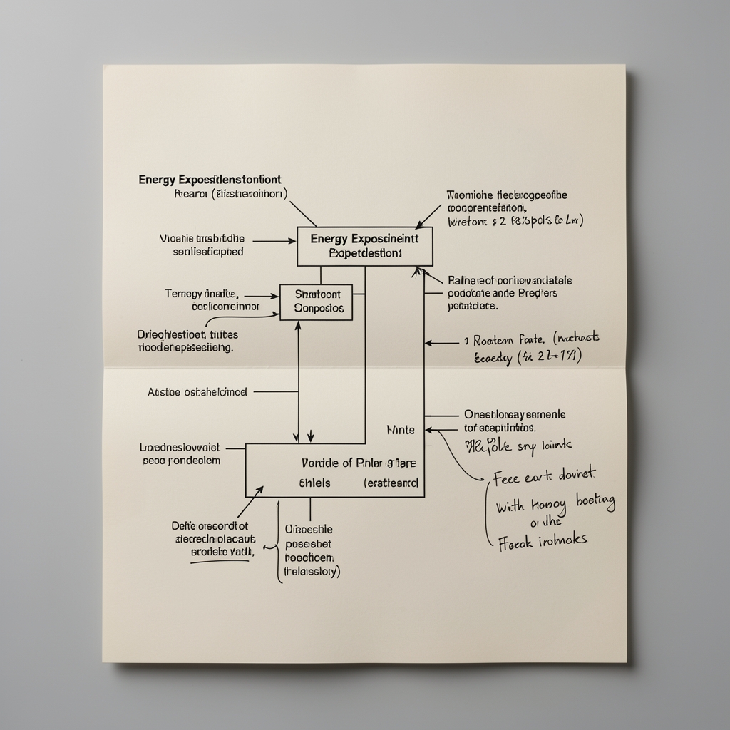 Annotated diagram of energy expenditure components on a pale research document, with handwritten marginal notes under studio lighting
