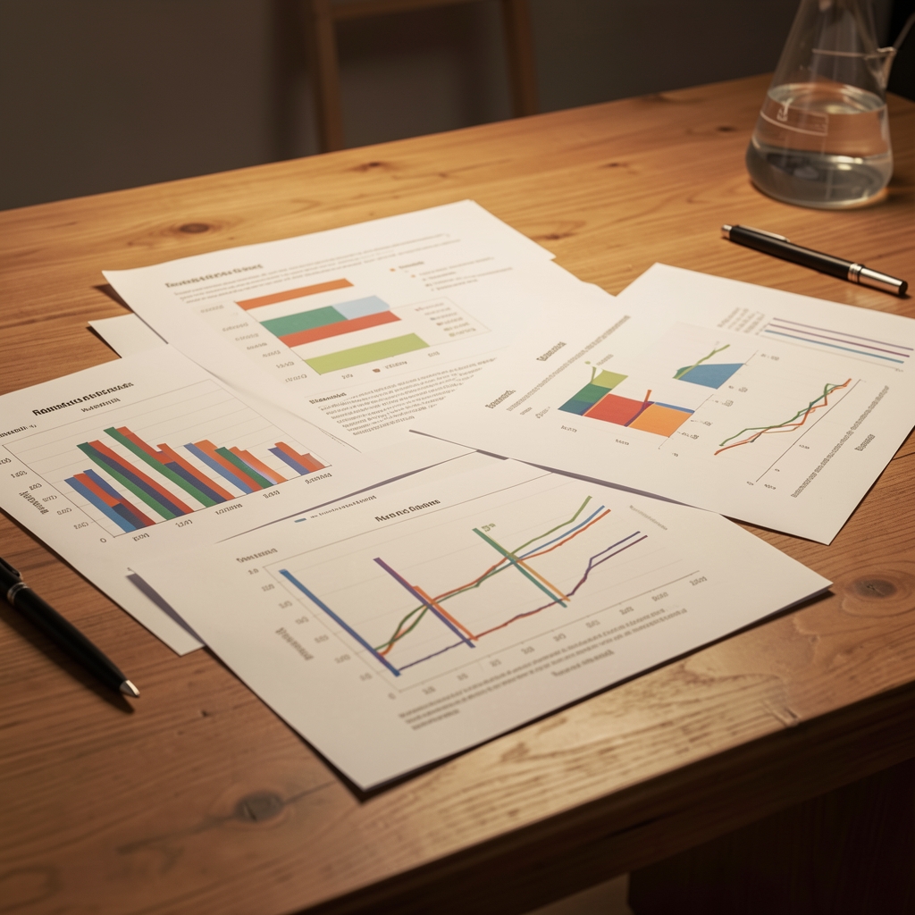 Research notes and data charts spread across a wooden desk under warm studio lighting, representing metabolic rate study materials