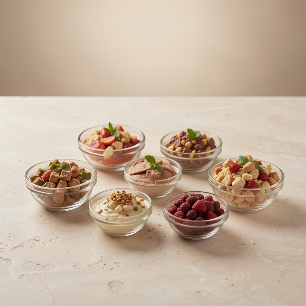 A sparse arrangement of measured food portions in small glass bowls on a pale stone surface, soft studio lighting from above