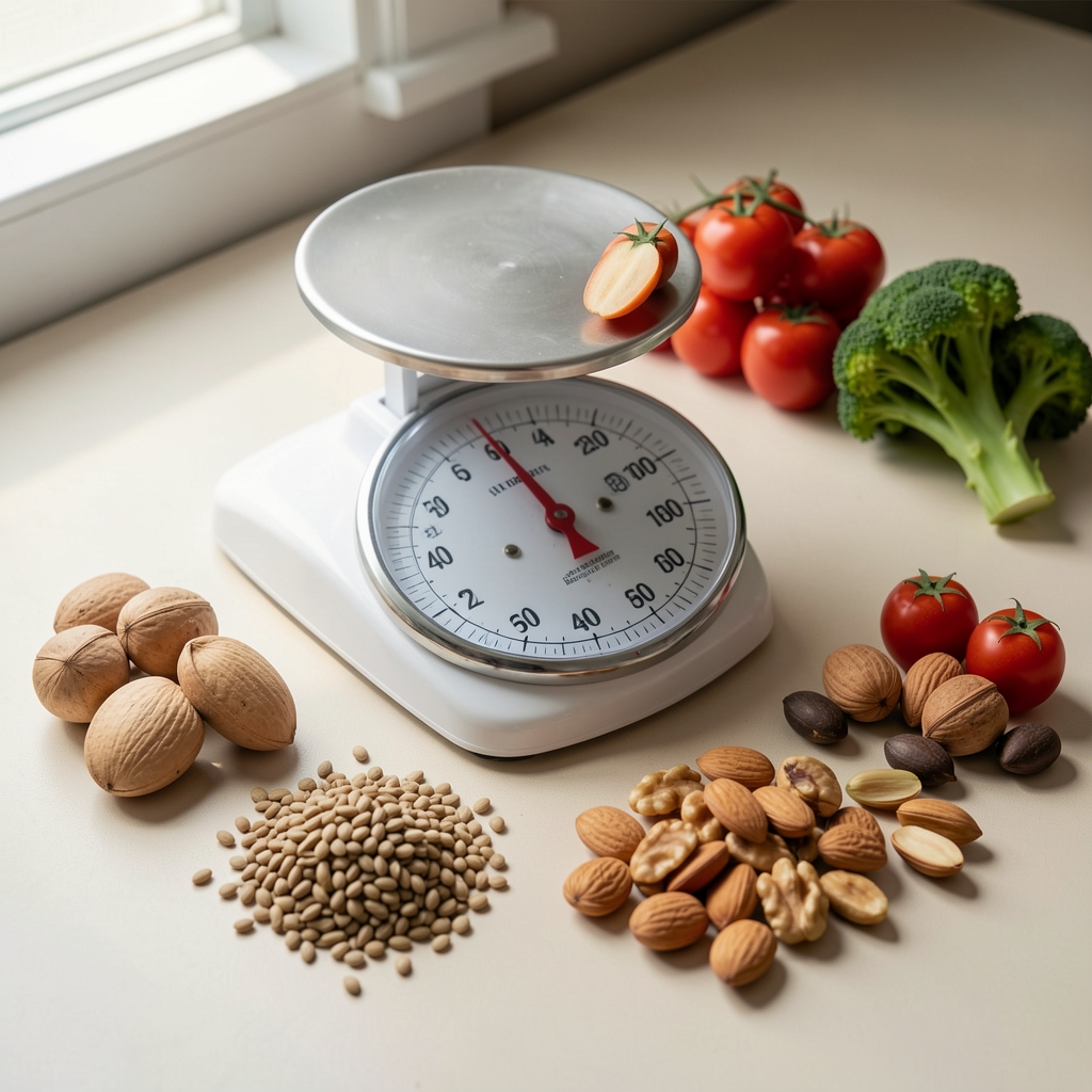 Close-up of a kitchen scale with whole foods arranged methodically on a pale surface, natural daylight from the side