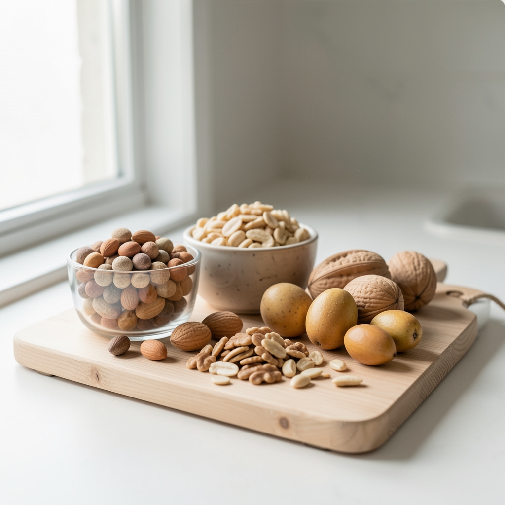 A selection of whole food protein sources arranged on a pale wooden board, photographed in clean natural daylight from a single window