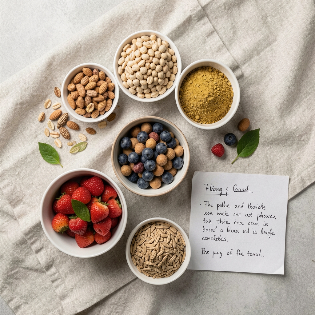 Overhead view of balanced whole food ingredients on a pale linen cloth with handwritten notes beside them