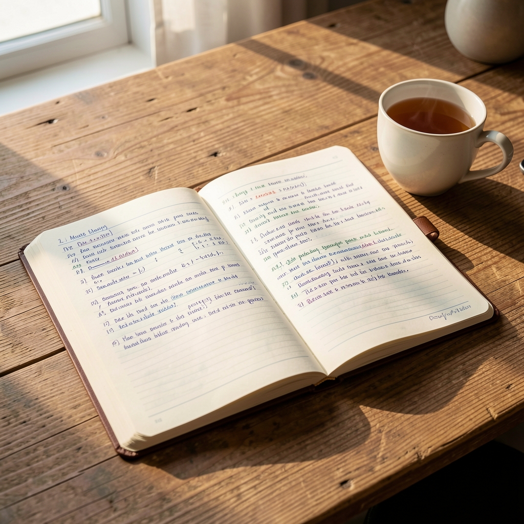 Open journal and data notebook on a wooden desk with a cup of tea, morning light illuminating handwritten metabolic research notes